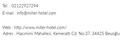Miller Hotel telefon numaralar, faks, e-mail, posta adresi ve iletiim bilgileri